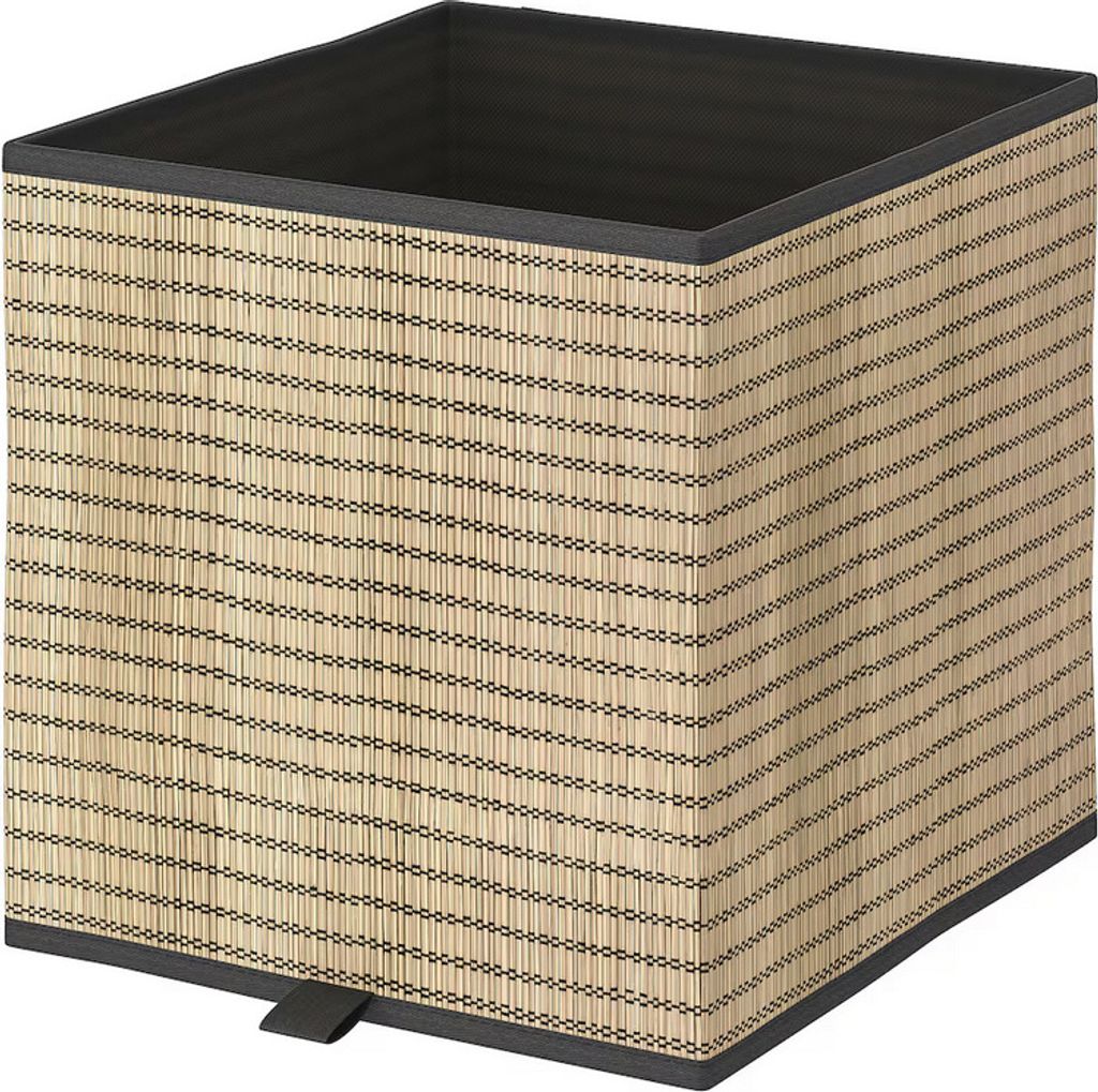 A square woven storage basket with a dark interior and trim.