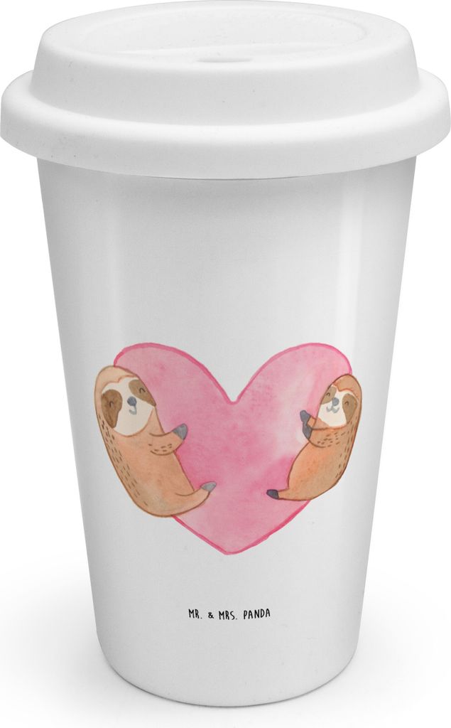 Mr. & Mrs. Panda Thermobecher Faultiere Herz - Weiß - Geschenk, Valentinstag, Freund, für Frauen, Mehrwegbecher, Coffee To Go Becher, ToGo Kaffee...