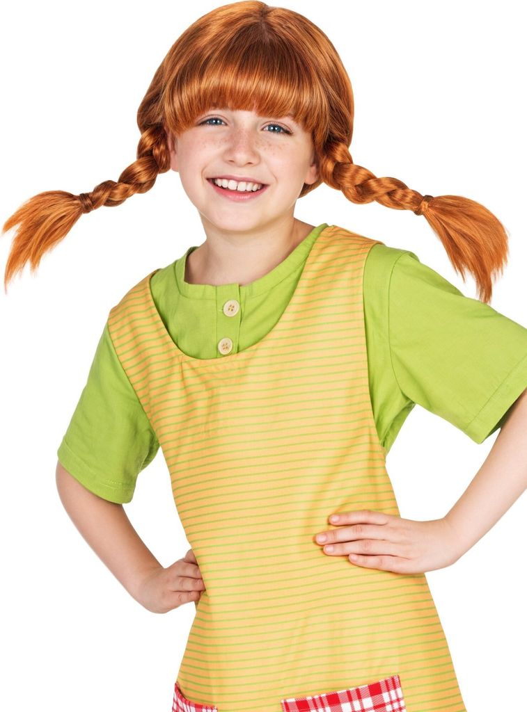 A young girl wearing a Pippi Longstocking costume, including a red wig with pigtails, a green shirt, and a yellow pinafore dress with red and white checkered pockets.
