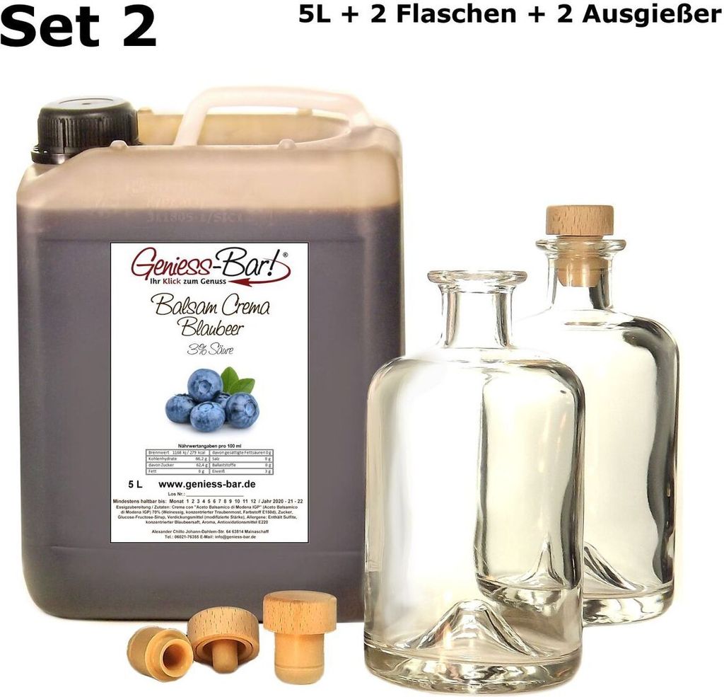 Balsamico Creme Blaubeer 5L + 2 Flaschen & Ausgießer Mit original Crema di Aceto Balsamico di Modena IGP