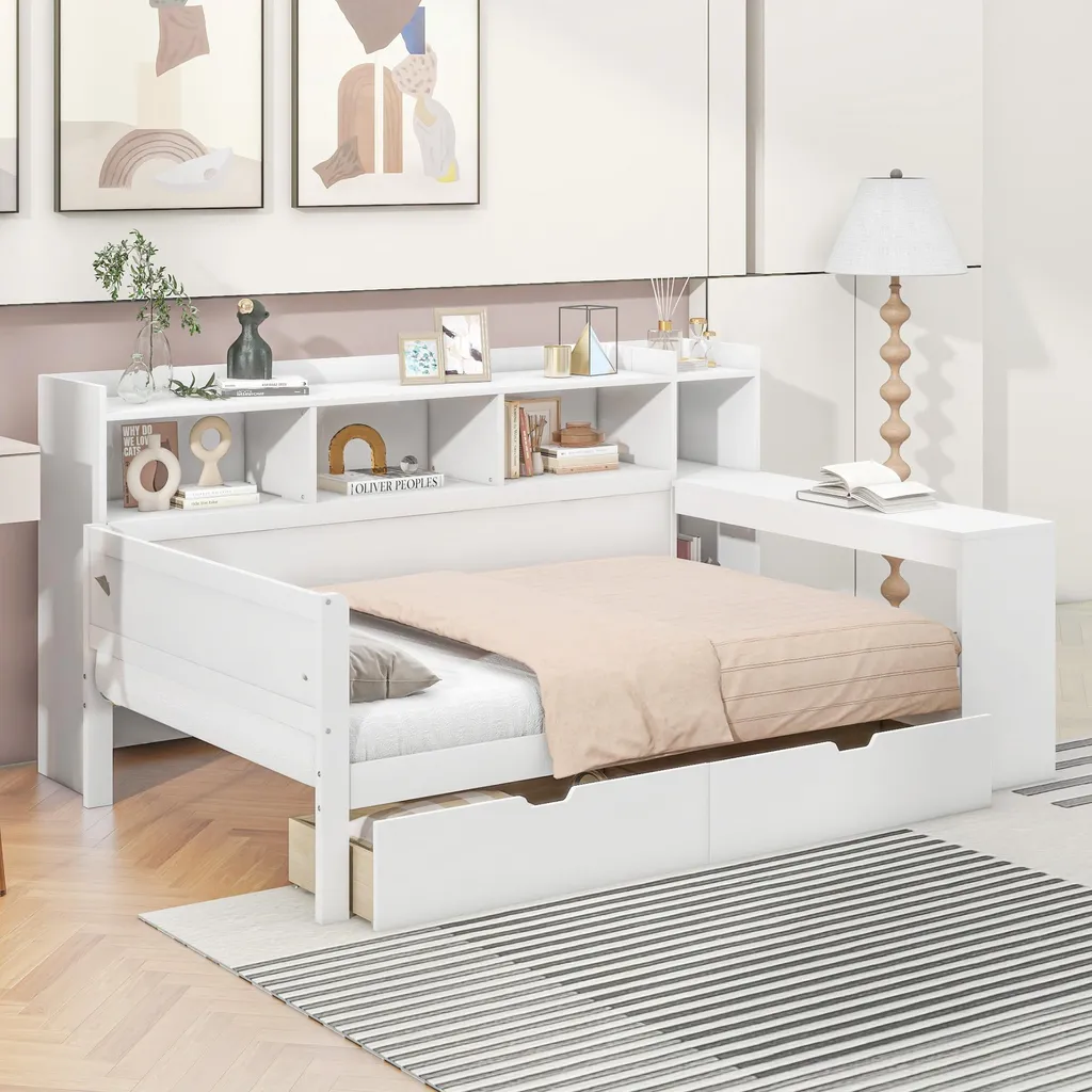 Canapé-lit Connecté 90x200 cm avec Port USB et Double Tiroir Blanc Mat