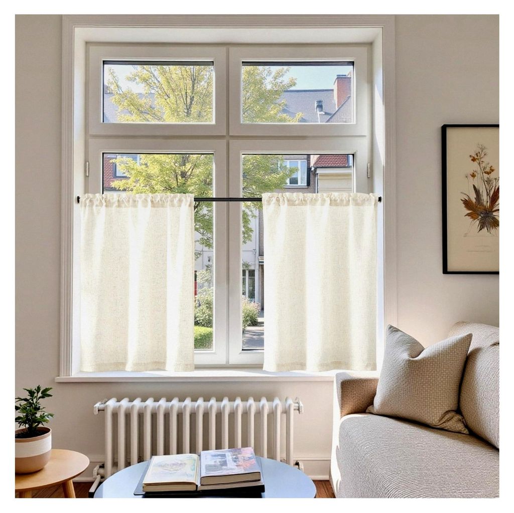 Scheibengardinen Küche H 60 x B 65 cm 2er Set Leinenoptik für Wohnzimmer und Schlafzimmer