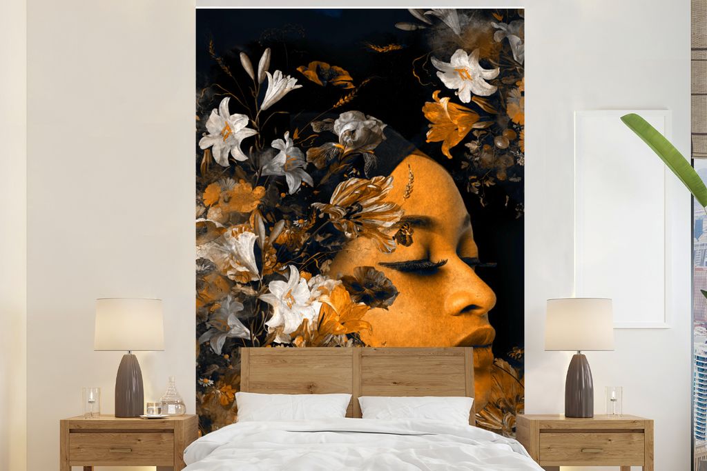 MuchoWow Fototapete für Wohnzimmer oder Schlafzimmer Wandtapete Vinyl Motivtapete Blume - Frauen - Gold - 200x300 cm - Wanddekorationen