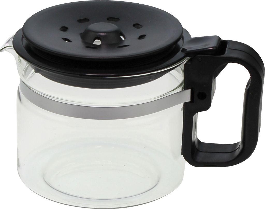 A clear glass coffee pot with a black lid and handle, set against a white background.