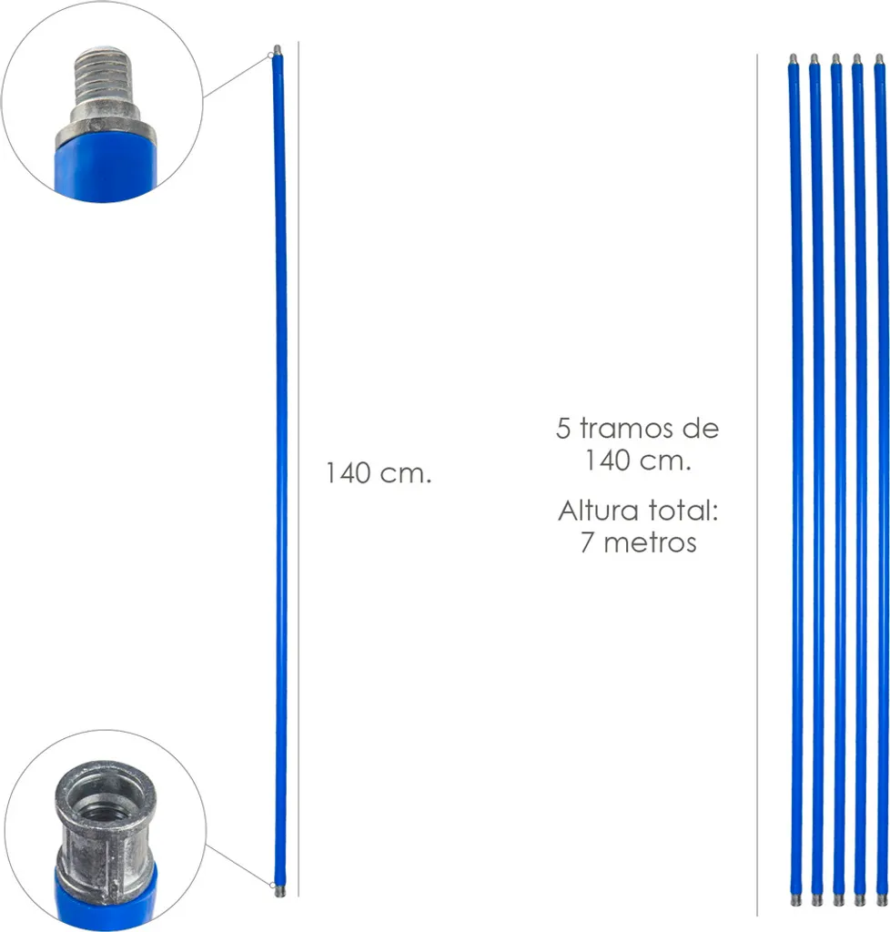 Débouchage conduit cheminée : mât ramonage 7m, 5 sections 140cm Ø 20mm