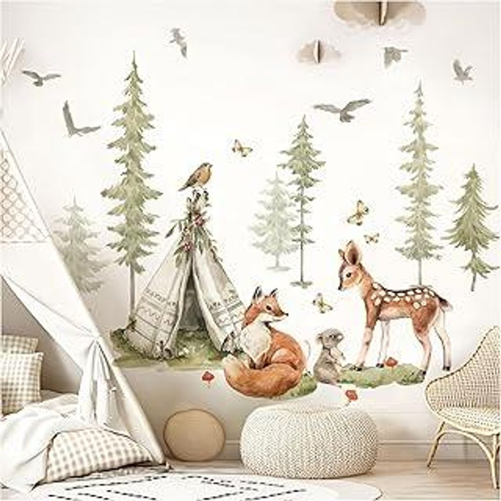 Little Deco Wandtattoo Waldtiere Kinderzimmer Wandsticker Bäume Set Wandaufkleber Tiere REH Fuchs Babyzimmer Schlafzimmer Deko DL5000A-05
