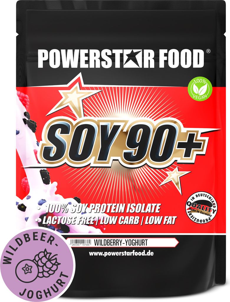 Powerstar SOY 90+ | 1kg Soja-Protein-Isolat | Gentechnisch unverändert & GMO-frei | Veganes Eiweiß-Pulver zum Muskelaufbau | Wildberry-Yoghurt