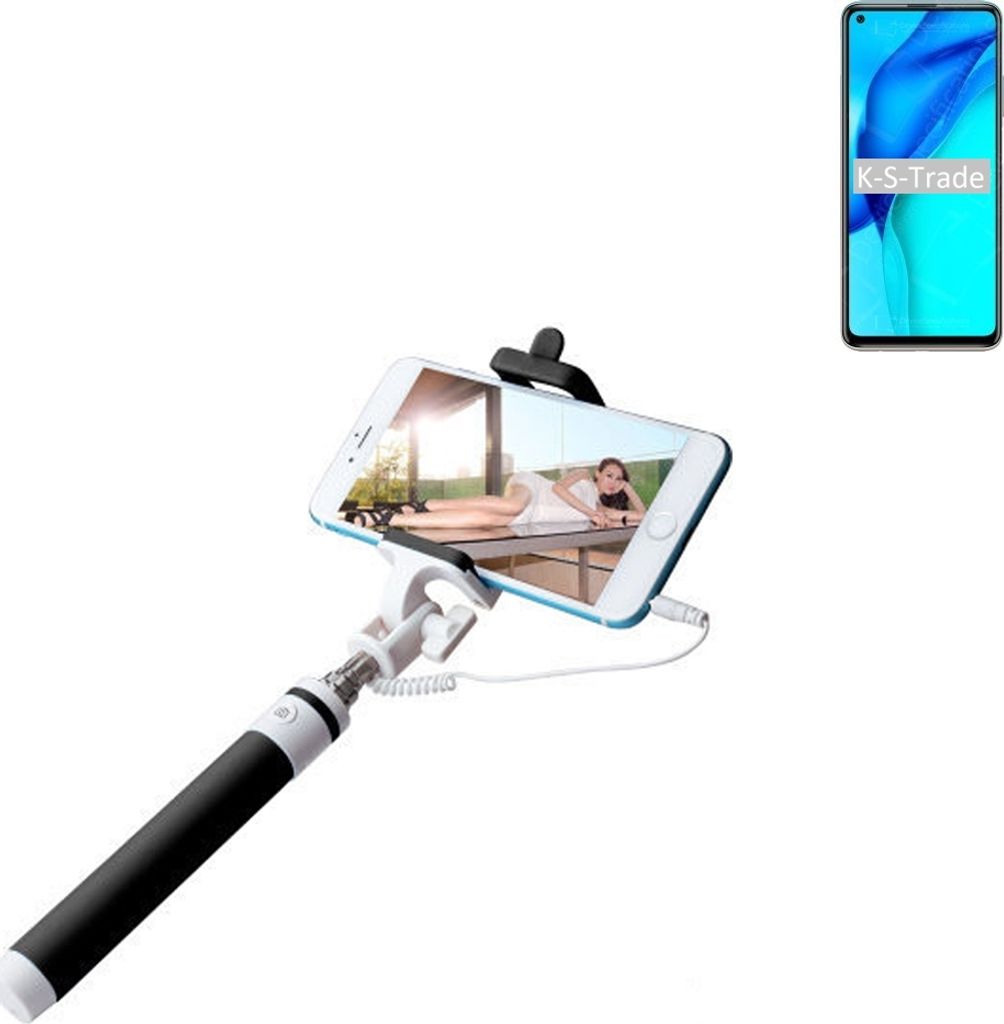 K-S-Trade Selfie Stick kompatibel mit Huawei Maimang 9 Selfiestick kabelgebunden Monopod mit Kabel Stab Stange Selfportrait Handheldstick schwarz 1x