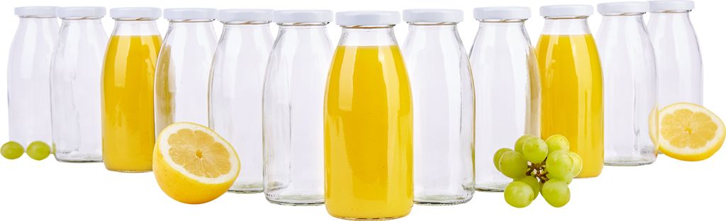 12er Set Saftflaschen 250ml Twist-Off Deckel TO43 weiß bauchig Glasflasche Karaffe Milch Flasche