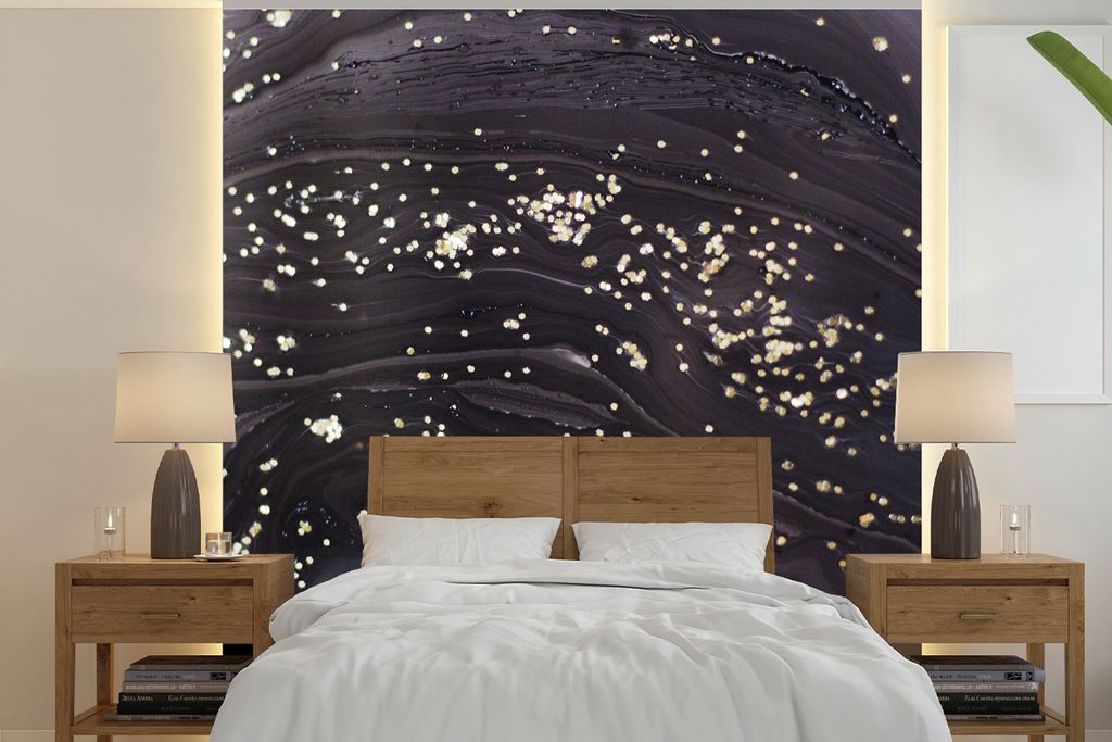 MuchoWow Fototapete für Wohnzimmer oder Schlafzimmer Wandtapete Vinyl Motivtapete Marmor - Schwarz - Gold - Grau - 300x300 cm - Wanddekoration
