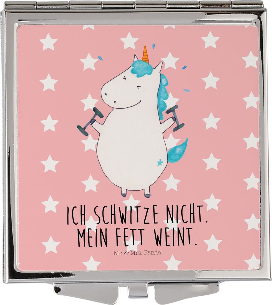 Mr. & Mrs. Panda Schminkspiegel Einhorn Fitness - Rot Pastell - Geschenk, Taschenspiegel, Gym, Klappspiegel, Fitnessstudio, Klappbarer Spiegel, Uni...
