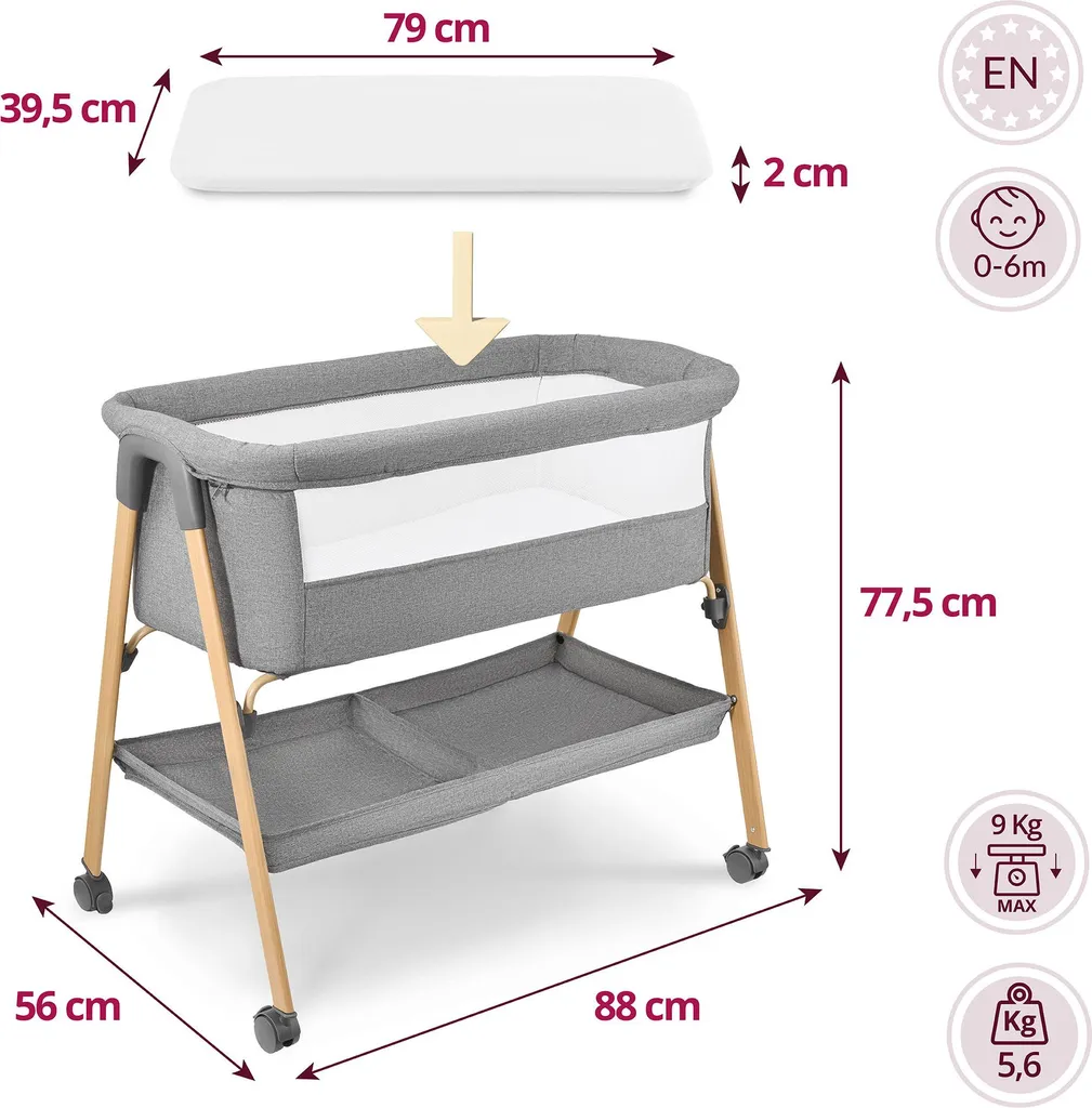 Lit d'appoint bébé 0-6 mois Moby-System MILI gris pliable avec roulettes