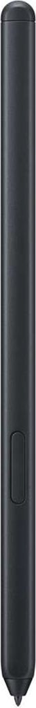 A close-up, full-length view of a black Samsung S-Pen stylus.