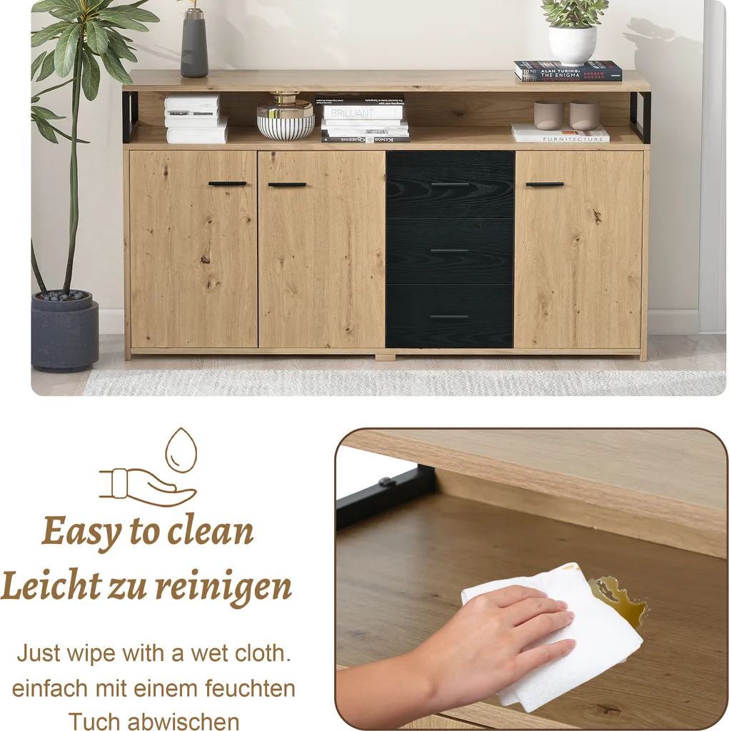 Commode 3 tiroirs avec étagères réglables en chêne massif de 150 cm - 4