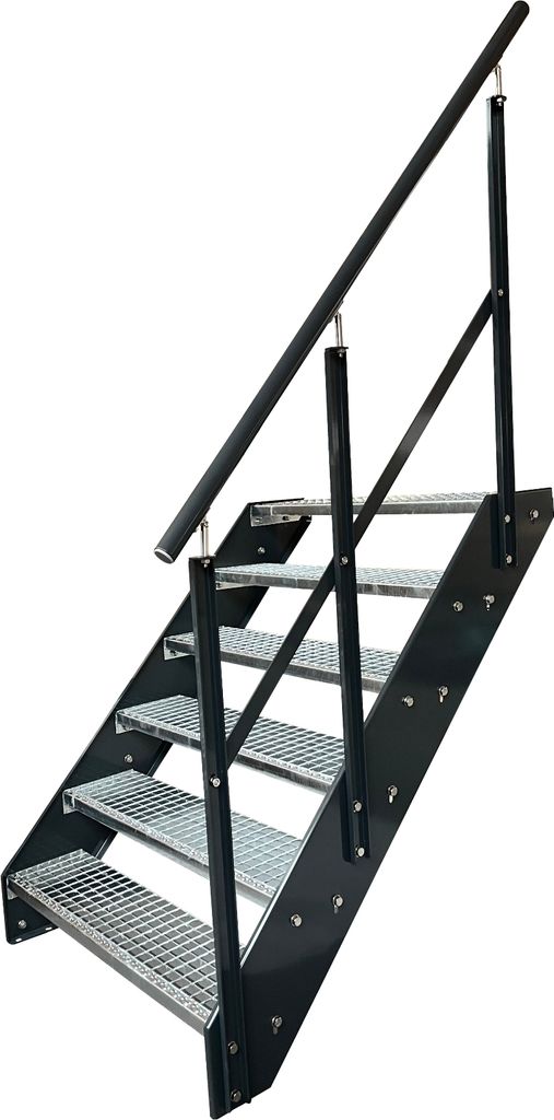 Gitterrost Stahl Wangentreppe 6 Stufen Geländer Rechts - Verzinkt & Anthrazit Pulverlackierte Seiten - (B x H x T) 140 x 114 x 120 cm