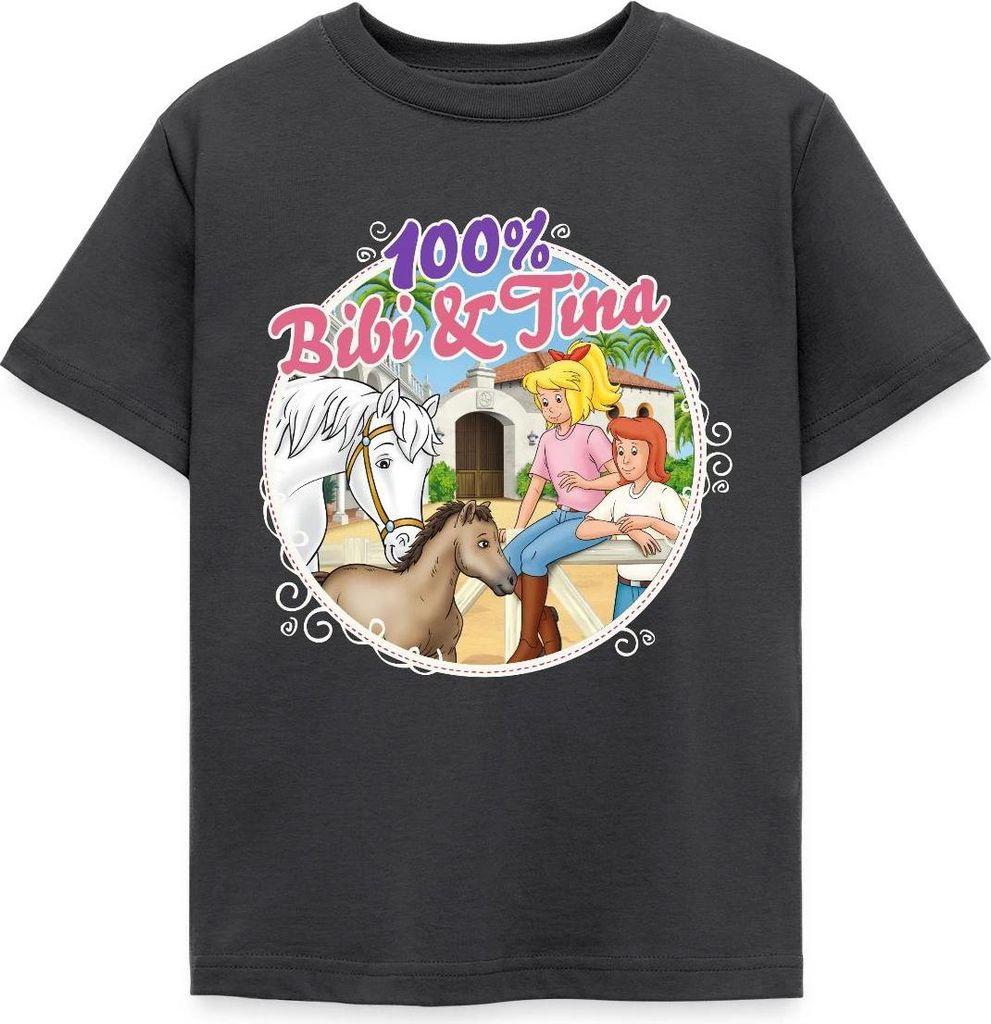 Spreadshirt Bibi und Tina 100. Folge Kinder T-Shirt, 98/104 (3-4 Jahre), Dunkelgrau