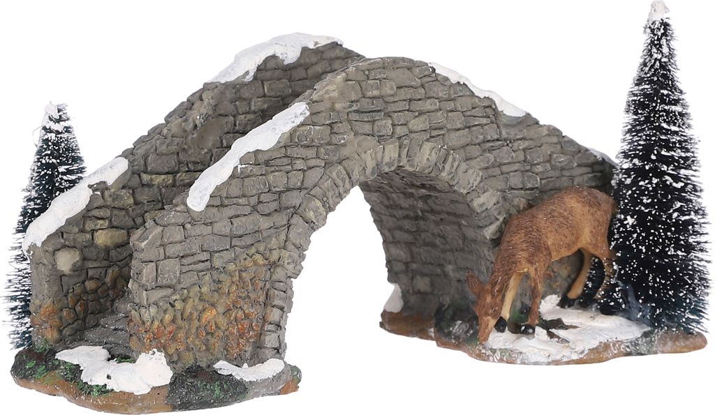 LuVille Weihnachtsdorf-Miniatur Steinbrücke mit Hirsch - L24 x B11,5 x H13 cm