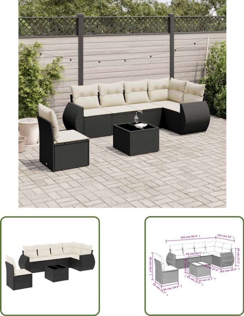 The Living Store 7-tlg. Garten-Sofagarnitur mit Kissen Schwarz Poly Rattan