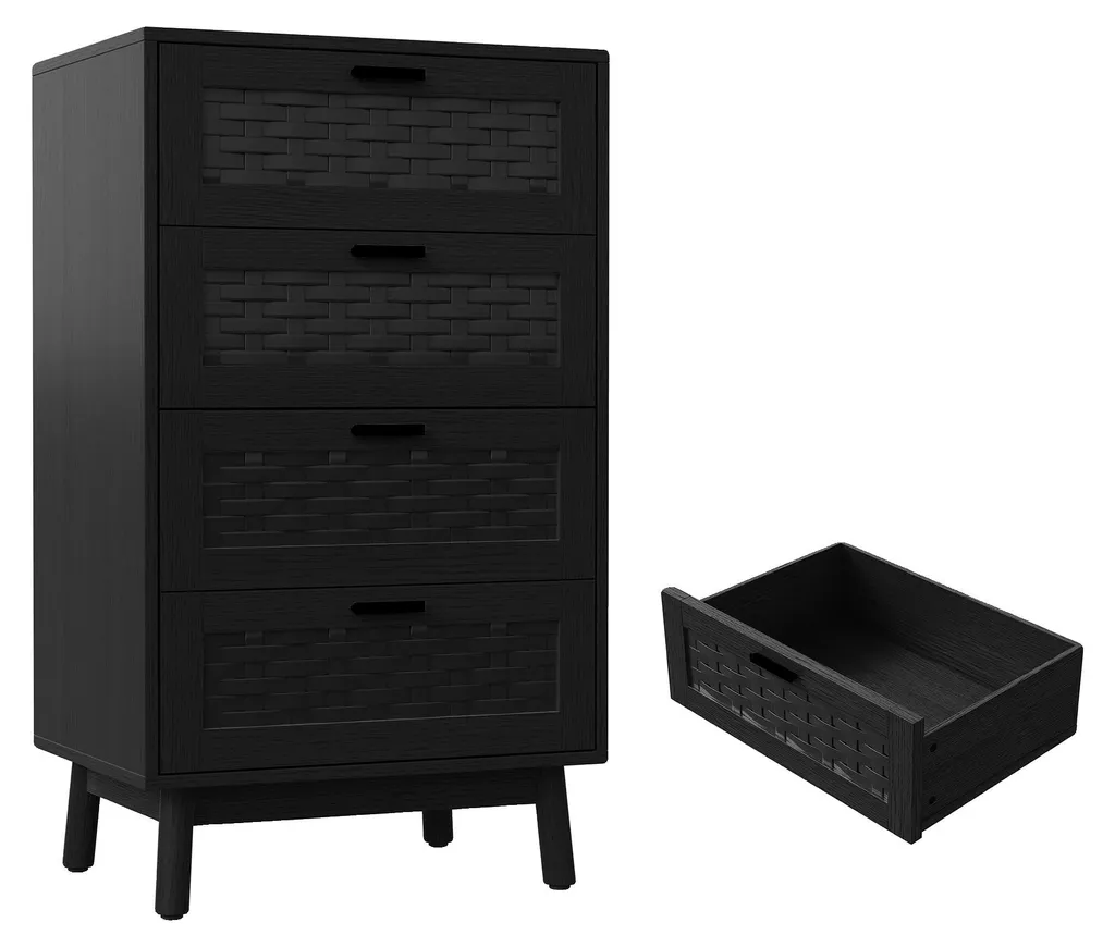 Meuble de rangement 4 tiroirs en osier de bambou noir - Design Élégant