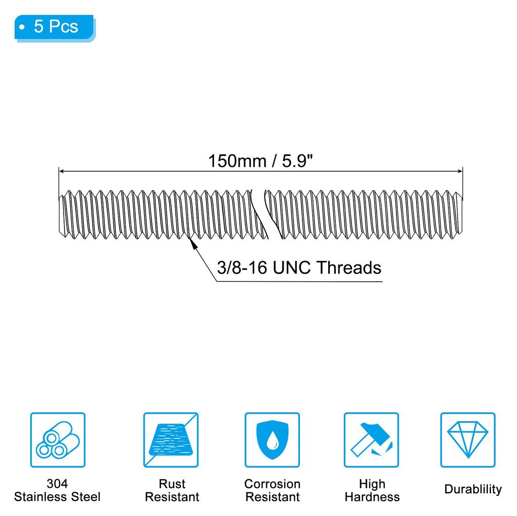 3/8"-16 UNC 304 Edelstahl Gewindestange, 5 Stš¹ck 150mm L?nge Langgewindeschraube Gewindestangen Gewindestab Gewindestifte fš¹r Verankerungssch...