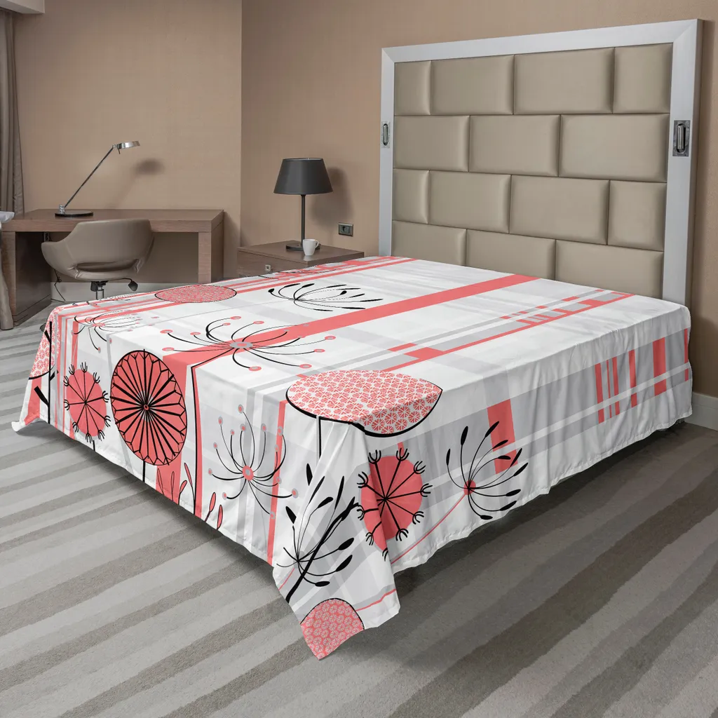 Drap de dessus pour lit double 244x205cm, parure florale rouge et gris