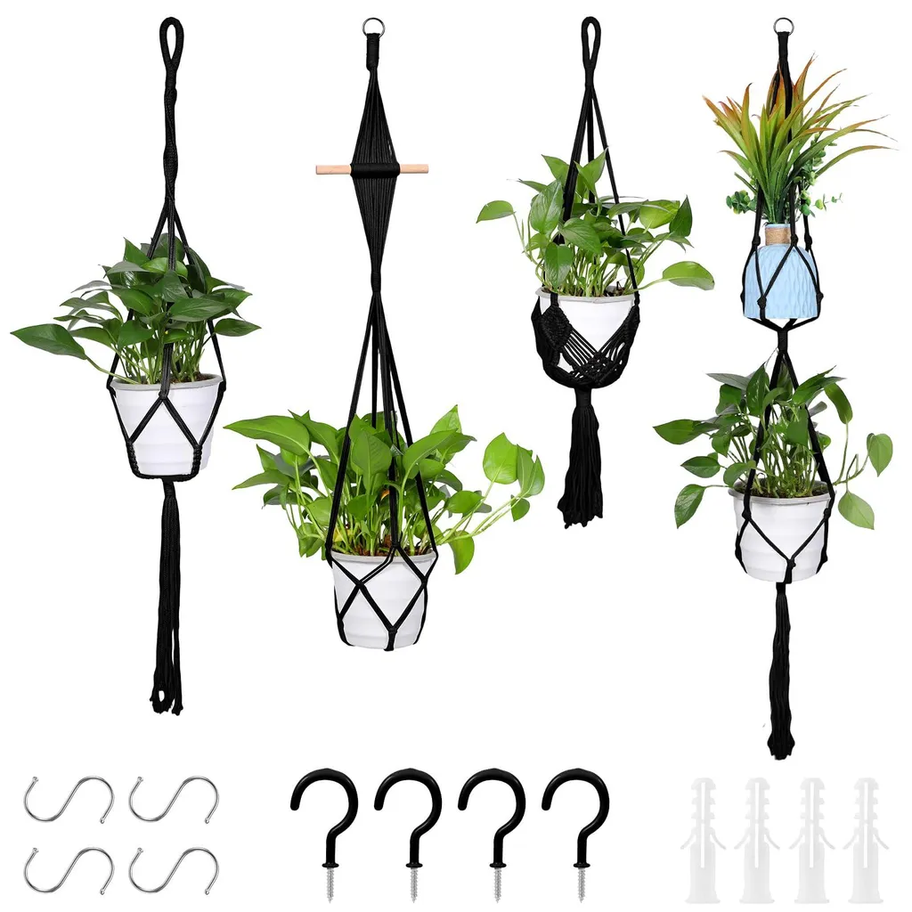 Gagnez de la place : lot de 4 suspensions macramé noires anti-chute