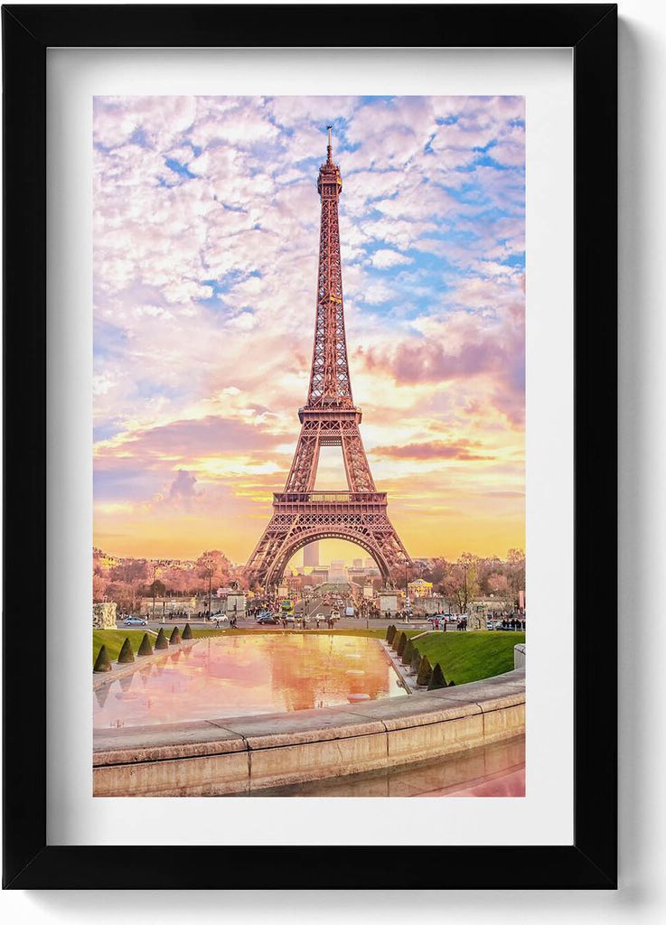 Romantischer Blick auf den Eiffelturm in Paris– Wandbild mit Rahmen – Gerahmtes Bild – Wanddekoration – 20x30 cm – Schwarz