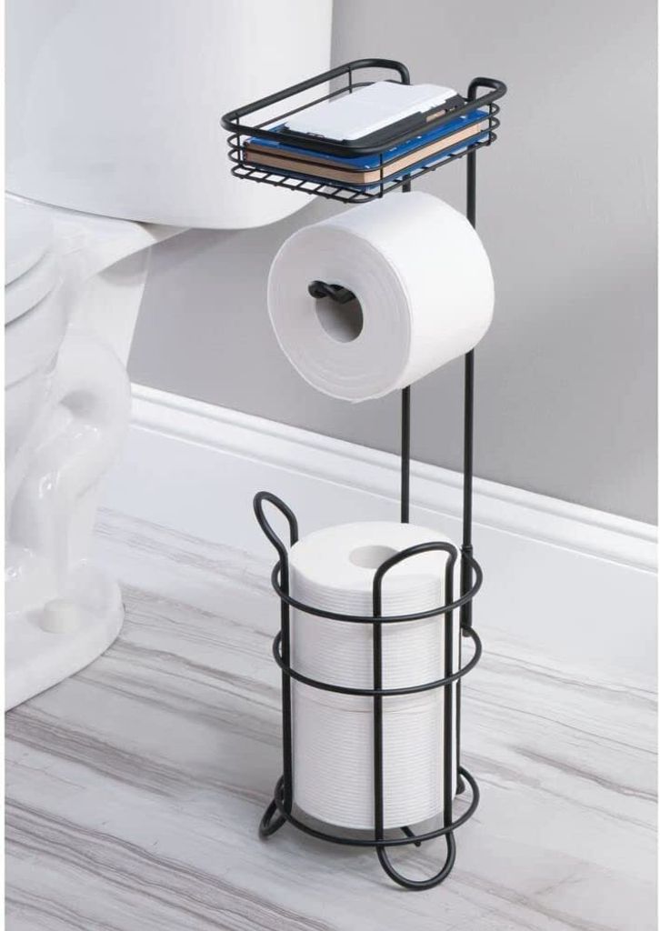 Toilettenpapierhalter aus Metall, elegantes Design mit Ablagefläche, praktischer Stauraum für das Badezimmer, matt-schwarz, funktional und stilvoll.