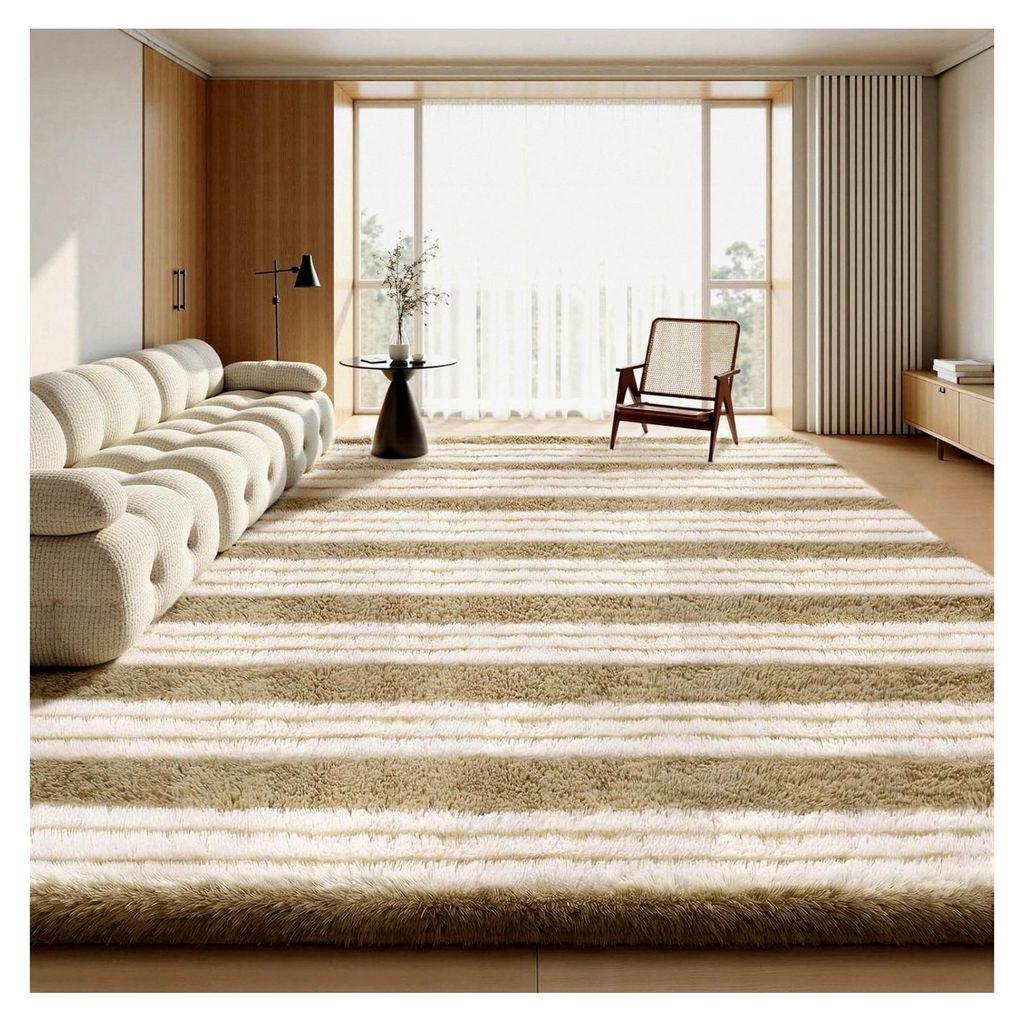 Hochflor Teppich Streifen Beige und Weiß 200x300 Waschbar Anti-Rutsch Extra Große Teppiche für Wohnzimmer und Schlafzimmer