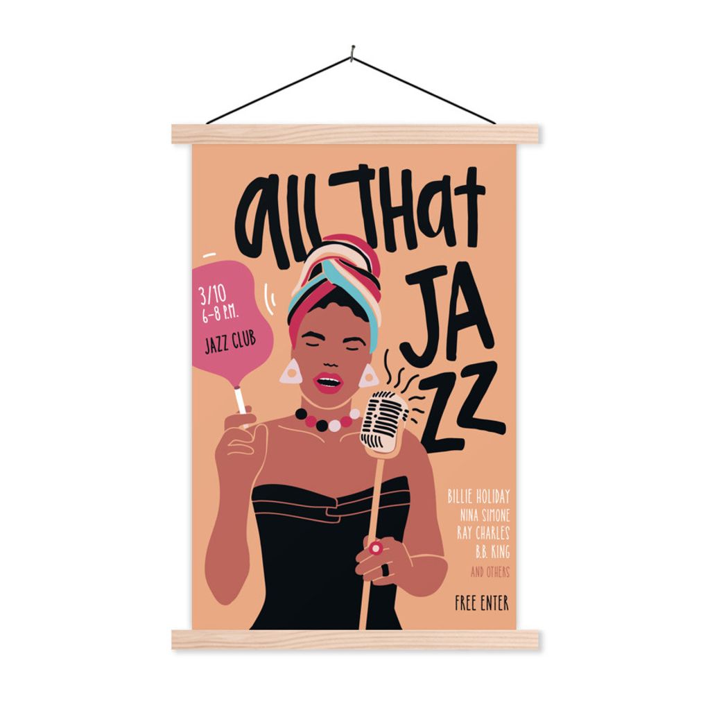 MuchoWow Textilposter All that jazz - Zitate - Musik - Jazz - Frau singt 120x180 cm mit holzfarbenen Rahmen - Textil-Plakat