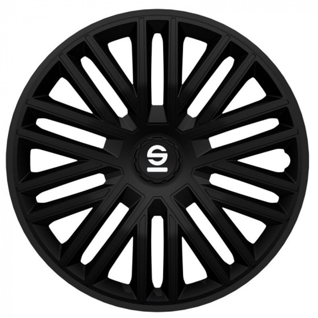 A black car wheel cover with a Sparco logo in the center.