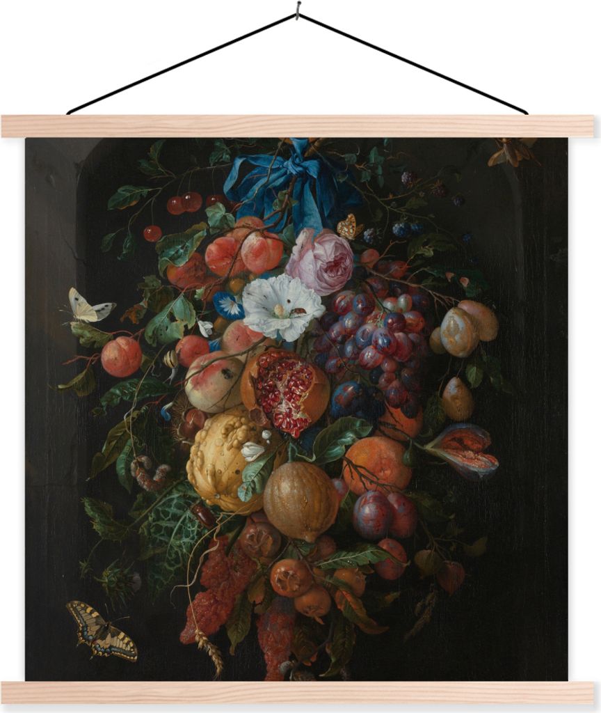 MuchoWow Textilposter Früchte und Blumen - Gemälde von Jan Davidsz. de Heem 120x120 cm mit holzfarbenen Rahmen - Textil-Poster