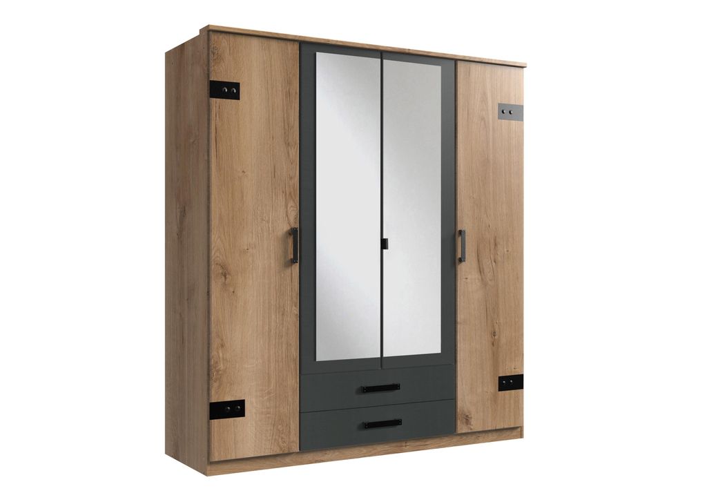 Kleiderschrank Cork in Plankeneiche mit Grafit – Drehtürenschrank mit Spiegel in Breite 180cm
