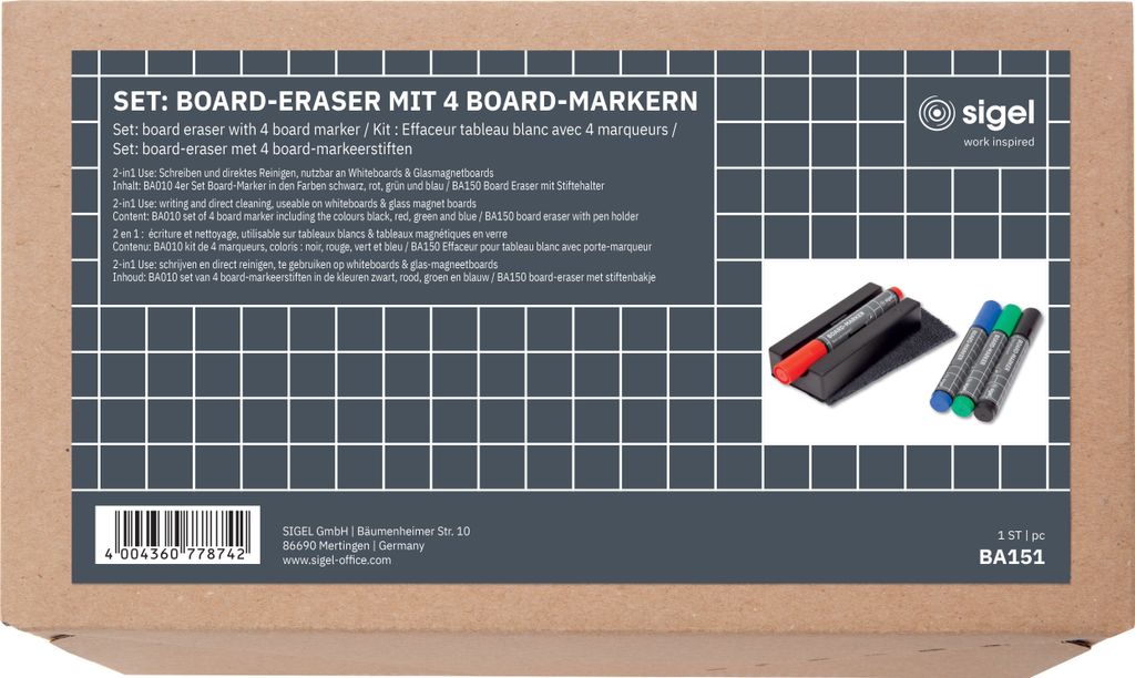 SIGEL BA151 Set: Board-Eraser mit 4 Board-Markern - magnetisch - 13 x 6 cm - entfernt schnell und trocken Tinte