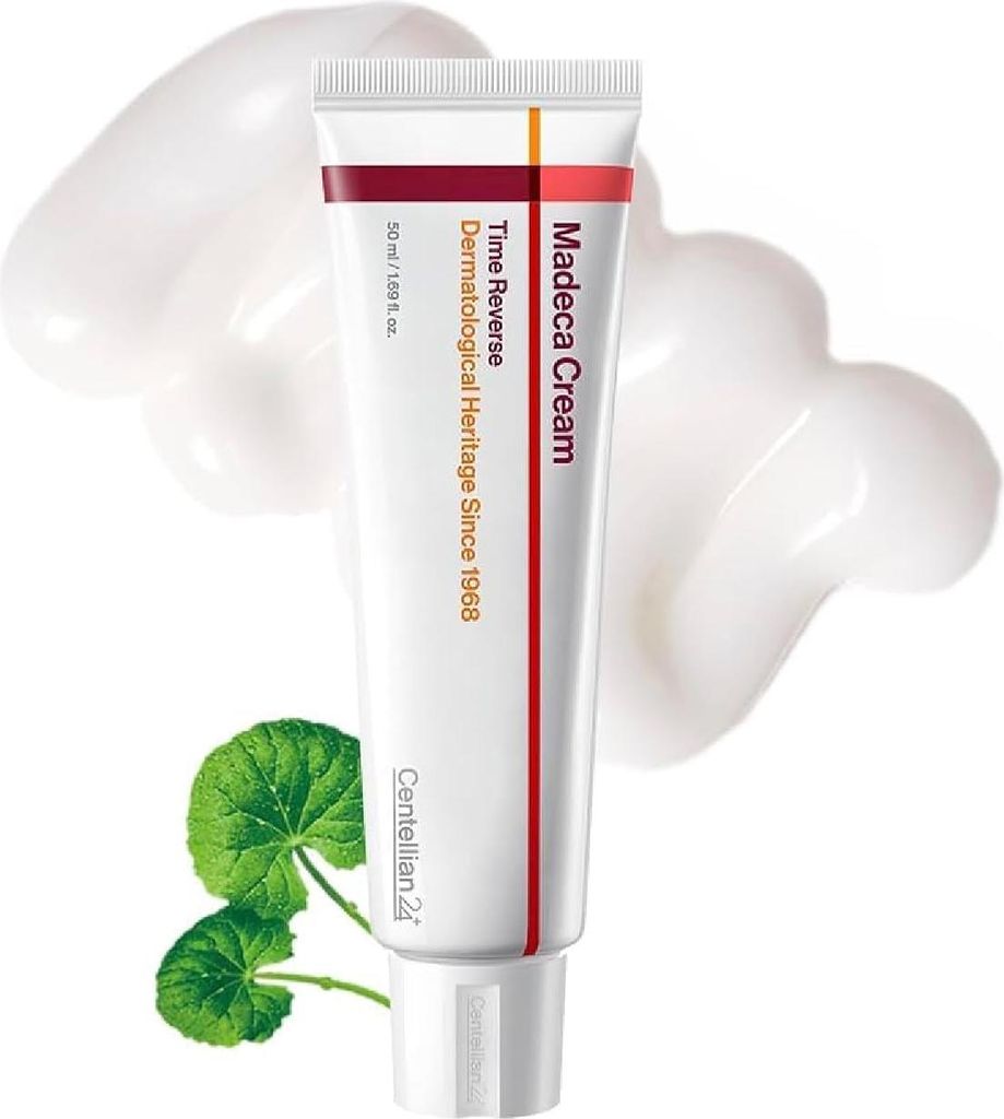 A tube of Centellian24 Madeca Cream is shown against a white background with swirls of cream and a sprig of green leaves.