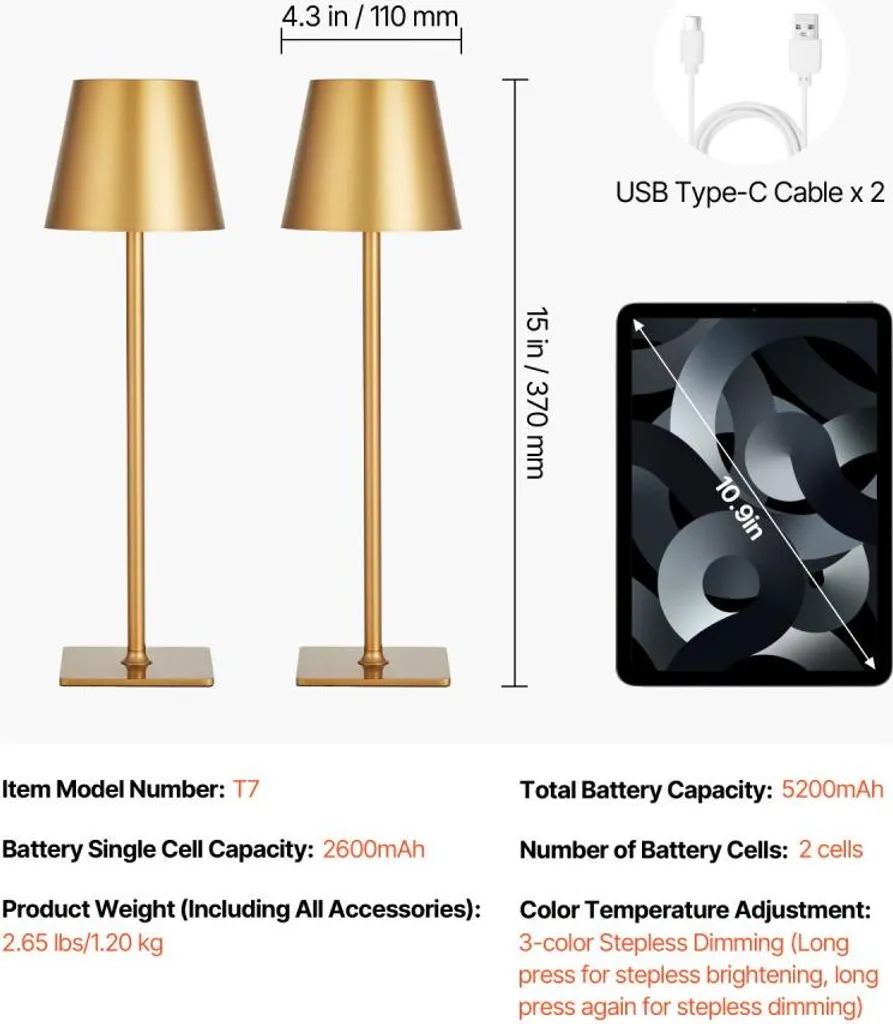 2 Lampe de table rechargeable or : Design sans fil tactile et LED