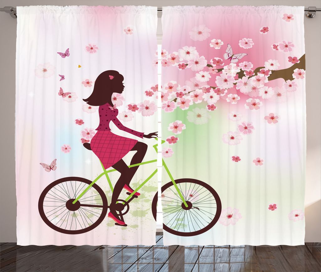 ABAKUHAUS Feminin Rustikaler Vorhang, Kirsche Bloom Lady Bike, Wohnzimmer Universalband Gardinen mit Schlaufen und Haken, 280 x 175 cm, Grün Rosa