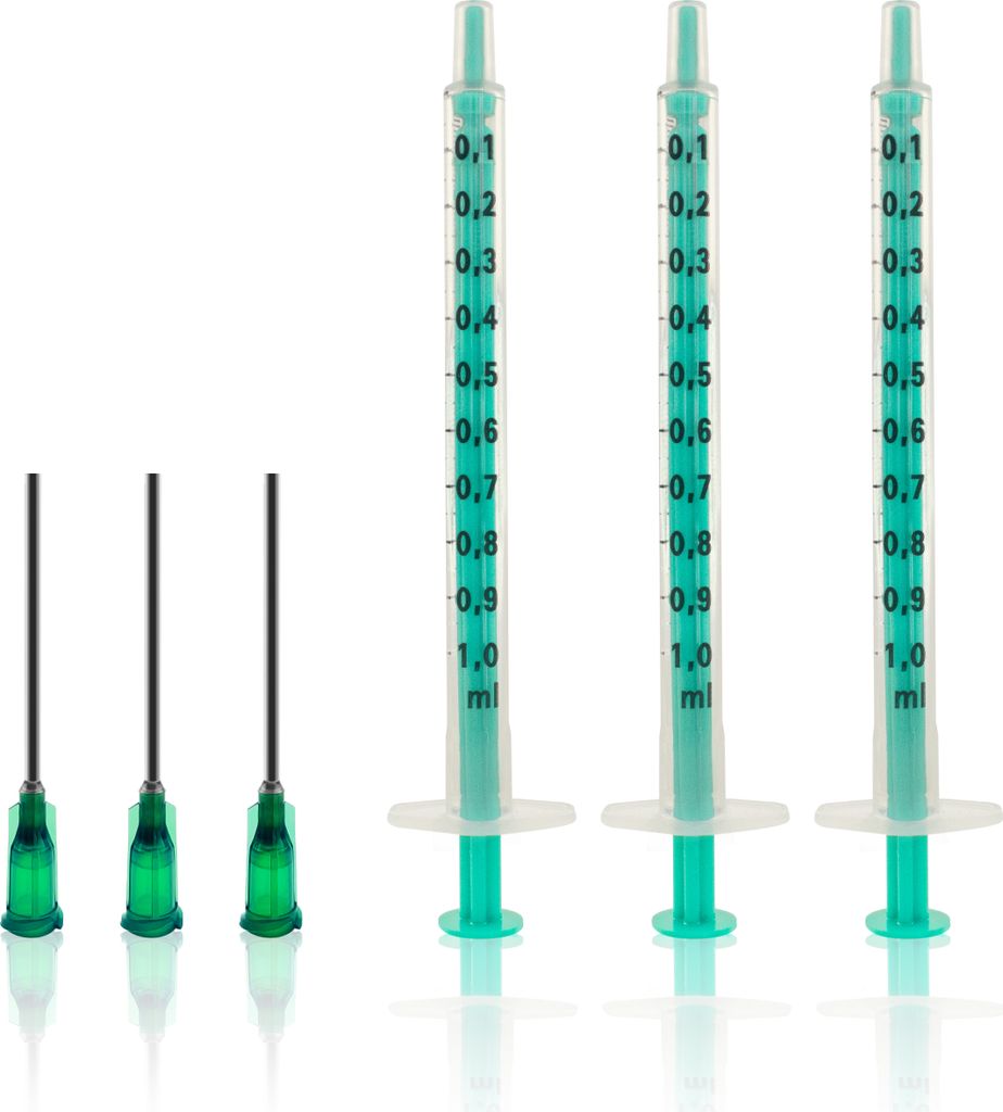 Spritzen Set 3 Stück inkl. 3 stumpfe Kanülen – 1ml Dosierspritzen aus Kunststoff – Einwegspritzen für Hobby, Modellbau, Haustiere, Flüssigk...