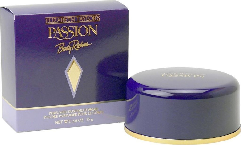 Elizabeth Taylor's Passion Body Powder in runder, violetter Dose mit goldener Schrift, daneben passende violette Verpackung mit goldenen Akzenten, 75 g.
