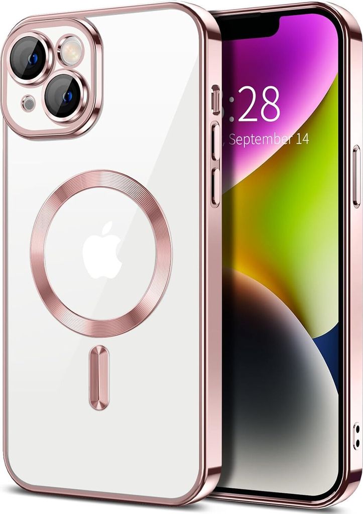 Magnetische Klar Hülle für iPhone 14, Kompatibel mit MagSafe, Elektroplattiert Handyhülle mit Kameraschutz Pink
