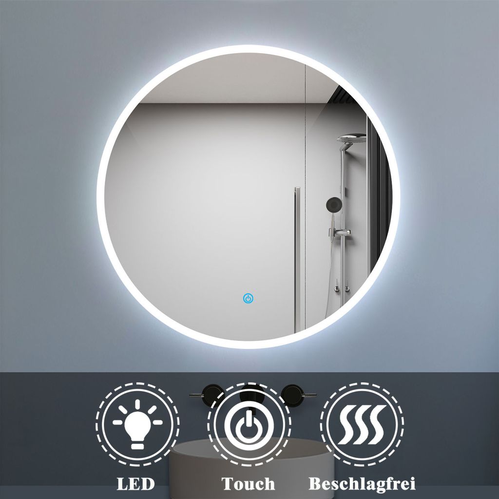 Rund Badspiegel mit Beleuchtung 50cm Badezimmerspiegel Kaltweiß Wandspiegel mit Touch-schalter Beschlagfrei IP44