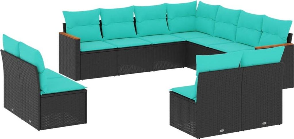 11-teiliges Gartensofa-Set mit Kissen, schwarzes Polyrattan