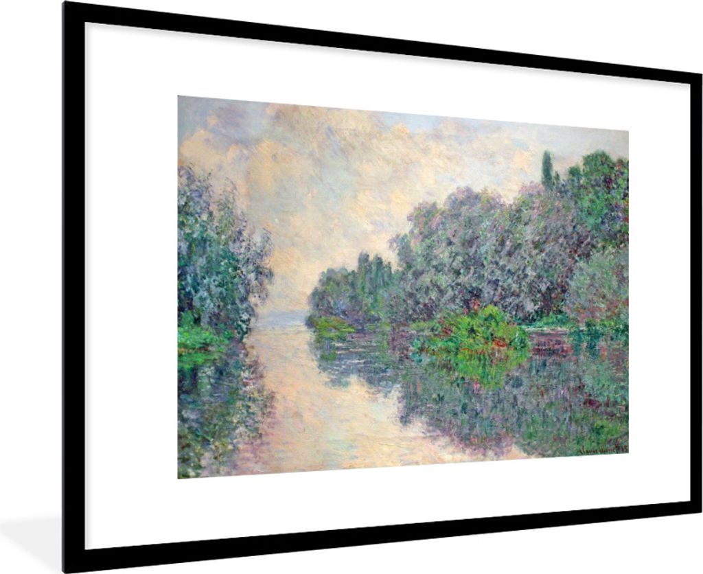 MuchoWow Gerahmtes Poster Morgen an der Seine bei Giverny - Gemälde von Claude Monet 90x60 cm - Poster mit Schwarzem Bilderrahmen Wandposter Rah...
