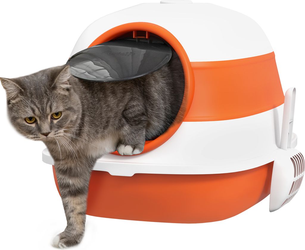 A cat is partially emerging from a modern, enclosed cat litter box.