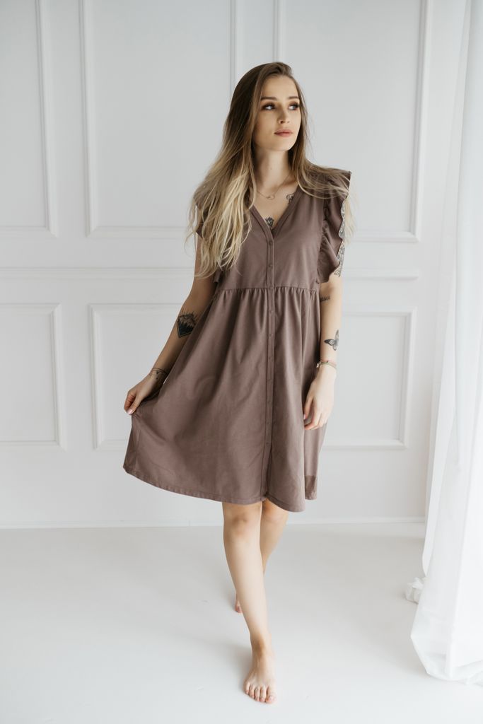 DOLCE SONNO Stillnachthemd – Umstandsnachthemd - Nachthemd für Schwangere und Stillende - 100% Baumwolle – ROMA ROMA TAUPE XL