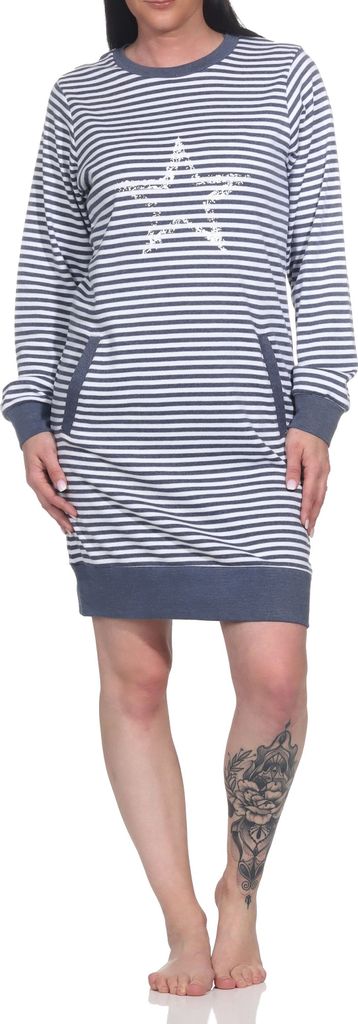 Kuscheliges Damen Nachthemd langarm mit Bündchen und Sternenmotiv - auch in Übergrössen ; blau-melange , 56/58