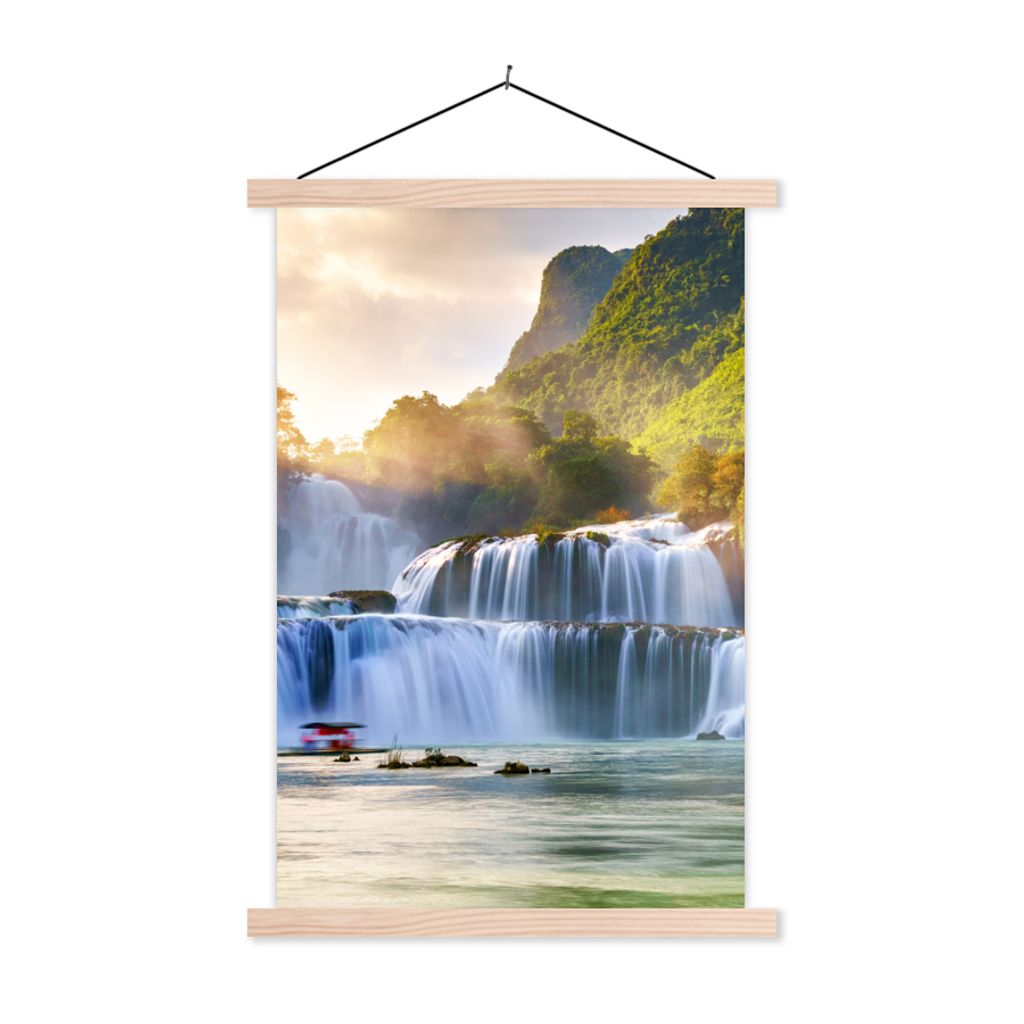 MuchoWow Textilposter Wasserfall - Pflanzen - Sonne - Wasser - Natur 60x90 cm mit holzfarbenen Rahmen - Textil