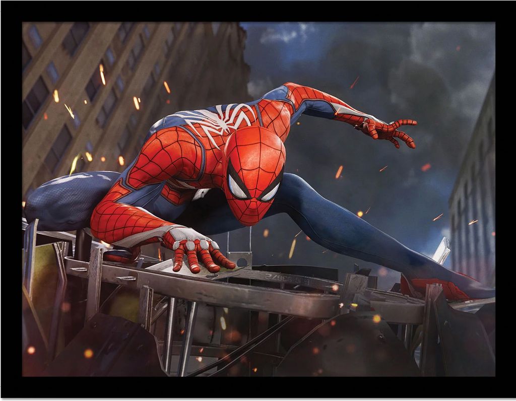 Spider-Man - Gerahmtes Poster "Stands On Ruins" PM8520 (40 cm x 30 cm) (Grau/Rot/Blau)