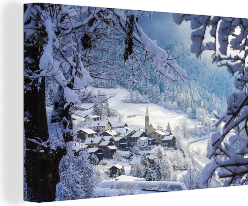 OneMillionCanvasses - Leinwandbilder - 140x90 cm, Alpen - Schnee - Dorf, Wandbilder Kunstdruck Wanddekoration