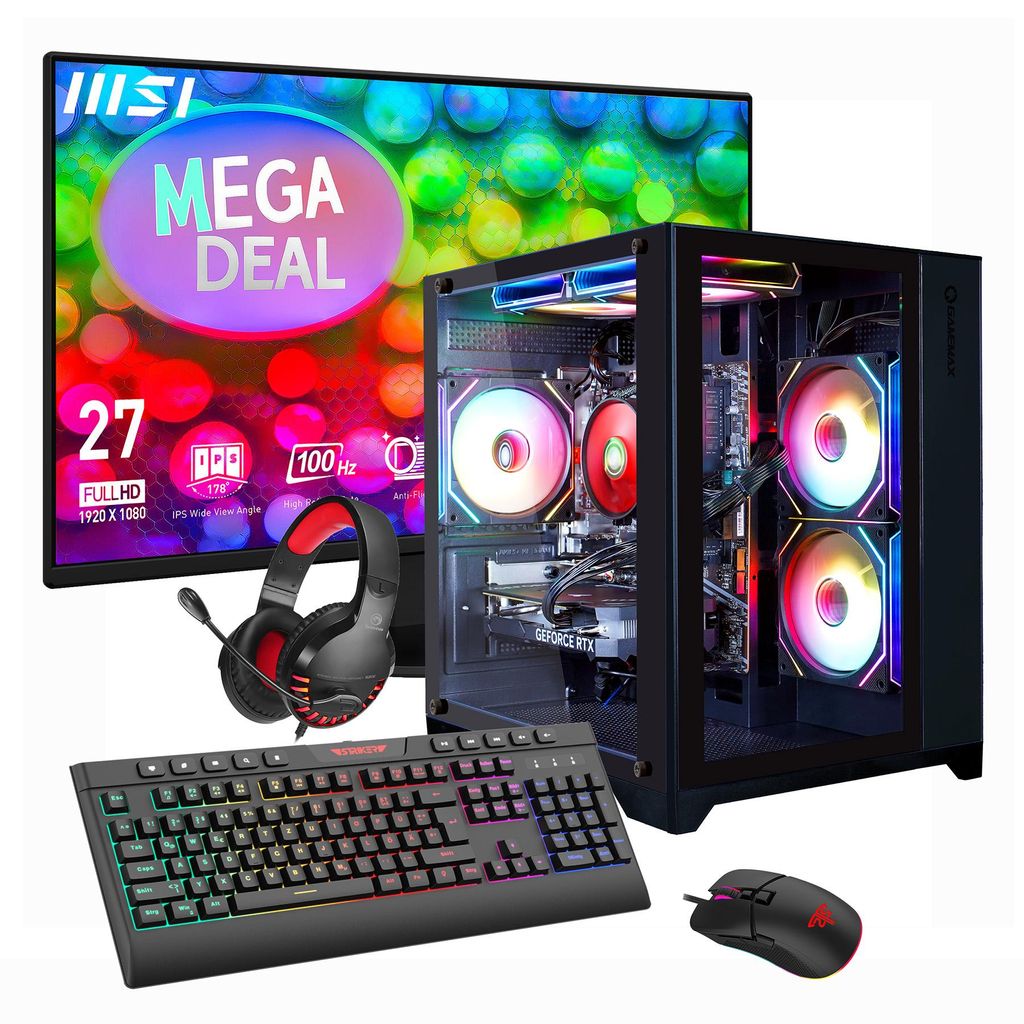 GAMEMAX Gaming-PC MegaDeal Infinity Mini BK Komplett-SET AMDRyzen 7 5700X 16GB RAM 480GB SSD RTX 5060 WIN11+MSI PRO MP272L LCD-Monitor, 68,6 27" + Zub